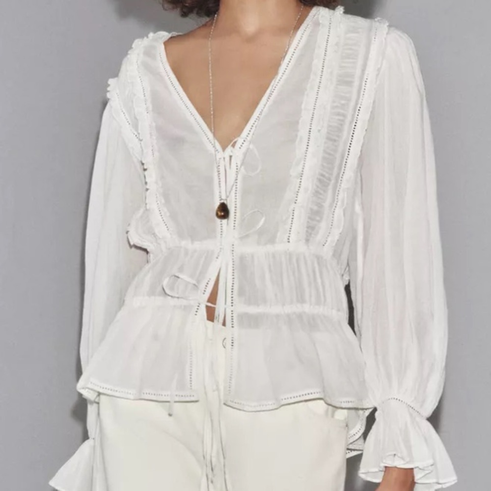 Zara ZW White Ladder Stitch Blouse Romantic Sheer Chic, M, NWT